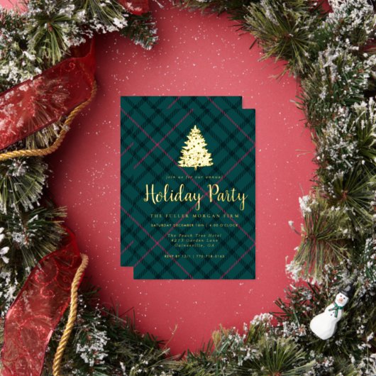グリーン&ピンクタータンチェック | ホリデー企業のパーティー 箔招待状 (インサイチュ)