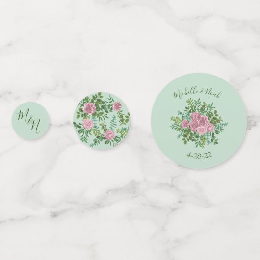 グリーン&ピンクヴィンテージウェディングフローラパステル コンフェッティ (裏面)