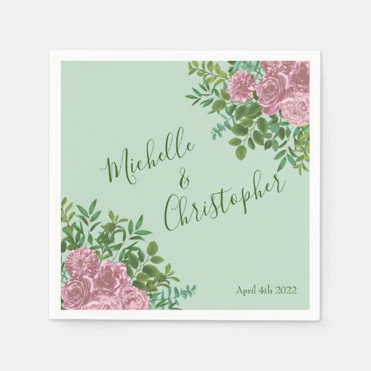 グリーン&ピンクヴィンテージウェディングフローラパステル スタンダードカクテルナプキン (正面)