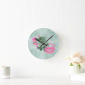 グリーン&ピンクヴィンテージティーカップ&フラワーラウンドウォールクロック ラウンド壁時計 (ホーム)