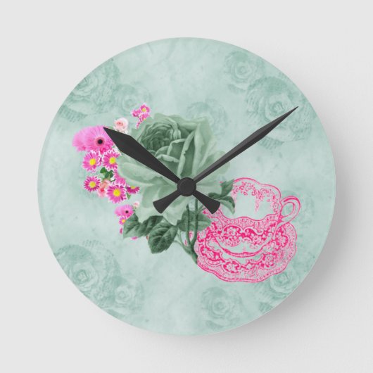 グリーン&ピンクヴィンテージティーカップ&フラワーラウンドウォールクロック ラウンド壁時計 (正面)
