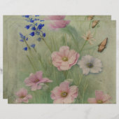 グリーン&ピンクヴィンテージワイルドフラワースクラップブック紙 (正面/裏面)