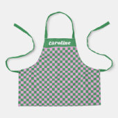 グリーン ピンク チェッカーボード レトロ風 お名前エプロン エプロン (正面)
