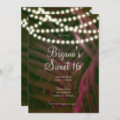 グリーン ピンク トロピカル パームリーフ & ライト スイート 16 招待状 (正面/裏面)