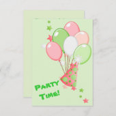 グリーン ピンク バースデー 風船 パーティー 招待状 (正面/裏面)