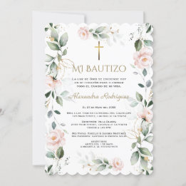 グリーン ピンク フラワーのスペイン語 Mi Bautizo 洗礼 招待状