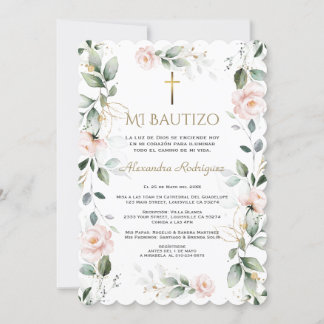 グリーン ピンク フラワーのスペイン語 Mi Bautizo 洗礼 招待状