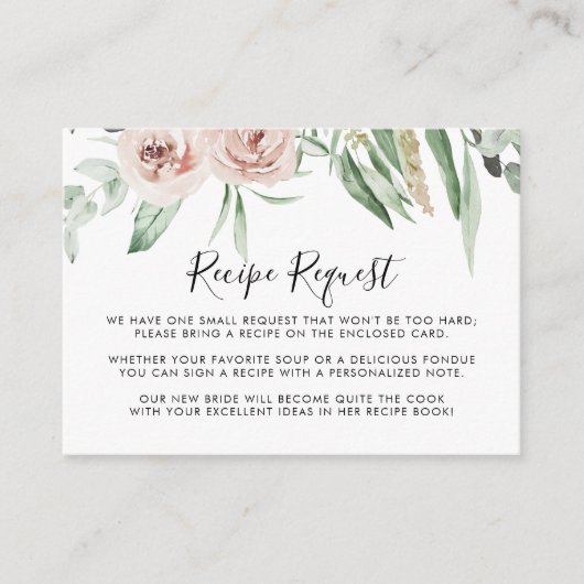 グリーン ピンク ブラッシュ フラワーの結婚式のレシピ依頼カード エンクロージャーカード (正面)