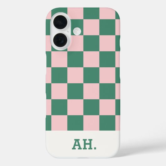 グリーン ピンク レトロ市松模様 iPhone 16 カバー (裏面)