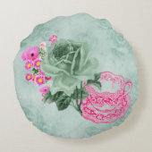 グリーン＆ピンク ヴィンテージ ティーカップ＆フラワー ラウンド ピロー (裏面)