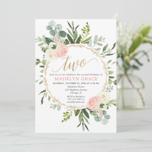 グリーン·ピンク·金ゴールドエレガント·ガール2歳の誕生日 招待状 (スタンド正面)