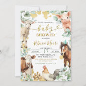 グリーン ファーム ユーカリ 動物 男の子 ベビーシャワー 招待状 (正面)