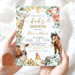 グリーン ファーム ユーカリ 動物 男の子 ベビーシャワー 招待状