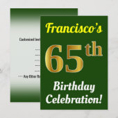 グリーン、フェイクゴールド65歳誕生日お祝い＋名前 招待状 (正面/裏面)