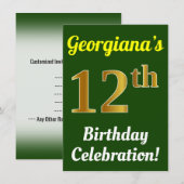 グリーン、フェイクゴールド 12歳の誕生日おめでとう + 名前 招待状 (正面/裏面)