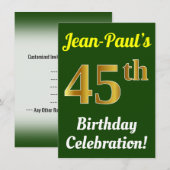 グリーン、フェイクゴールド 45歳の誕生日おめでとう + 名前 招待状 (正面/裏面)