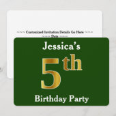 グリーン、フェイクゴールド 5歳の誕生日パーティー + オーダーメイド ネーム 招待状 (正面/裏面)