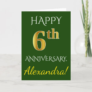 グリーン、フェイクゴールド 6周年結婚記念日 + 名前 カード