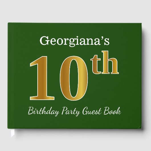 グリーン、フェイク金ゴールド10th誕生日パーティー+名前をカスタムする ゲストブック (正面)