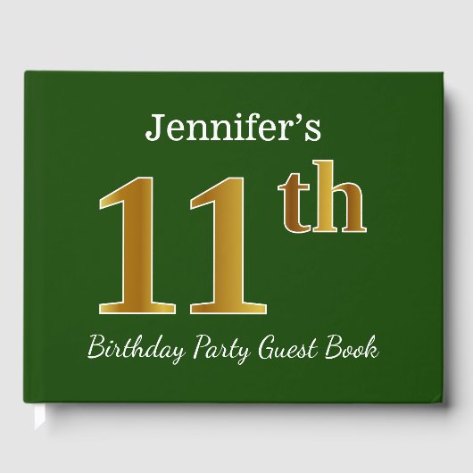 グリーン、フェイク金ゴールド11th誕生日パーティー+名前をカスタムする ゲストブック (正面)