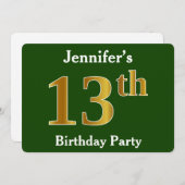 グリーン、フェイク金ゴールド13th誕生日パーティー+名前をカスタムする 招待状 (正面/裏面)
