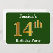 グリーン、フェイク金ゴールド14th誕生日パーティー+名前をカスタムする 招待状 (正面/裏面)