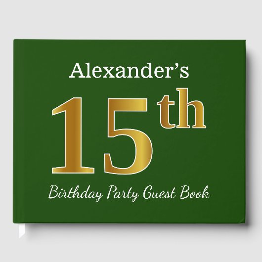 グリーン、フェイク金ゴールド15th誕生日パーティー+名前をカスタムする ゲストブック (正面)