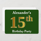 グリーン、フェイク金ゴールド15th誕生日パーティー+名前をカスタムする 招待状 (正面/裏面)