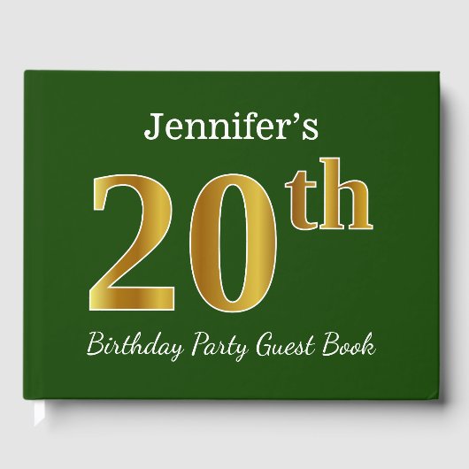 グリーン、フェイク金ゴールド20th誕生日パーティー+名前をカスタムする ゲストブック (正面)