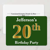 グリーン、フェイク金ゴールド20th誕生日パーティー+名前をカスタムする 招待状 (正面/裏面)