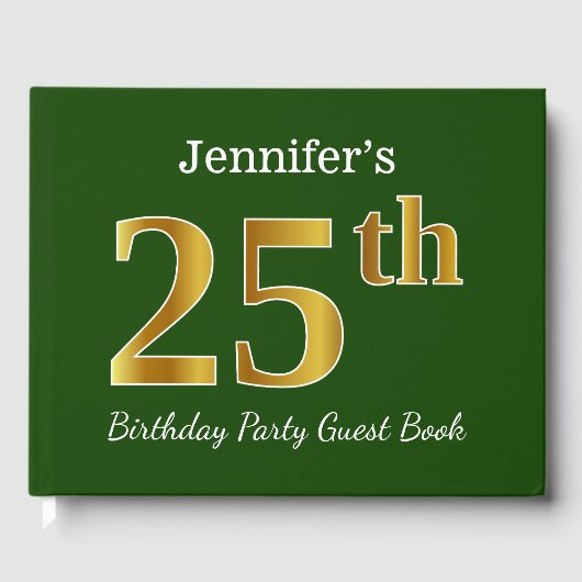 グリーン、フェイク金ゴールド25th誕生日パーティー+名前をカスタムする ゲストブック (正面)