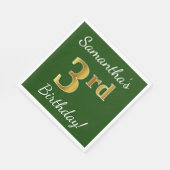 グリーン、フェイク金ゴールド3回目の誕生日+名前をカスタムする スタンダードランチョンナプキン (角)