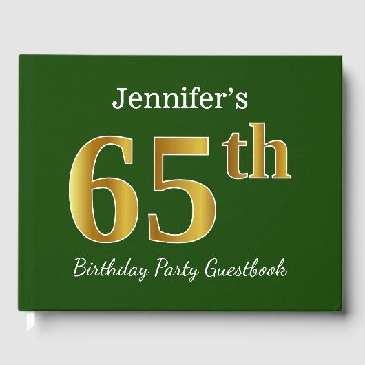 グリーン、フェイク金ゴールド65th誕生日パーティー+名前をカスタムする ゲストブック (正面)