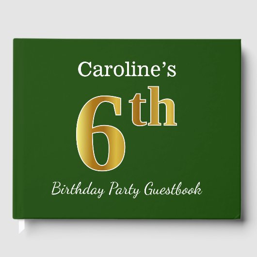 グリーン、フェイク金ゴールド6th誕生日パーティー+名前をカスタムする ゲストブック (正面)