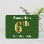 グリーン、フェイク金ゴールド6th誕生日パーティー+名前をカスタムする 招待状 (スタンド正面)