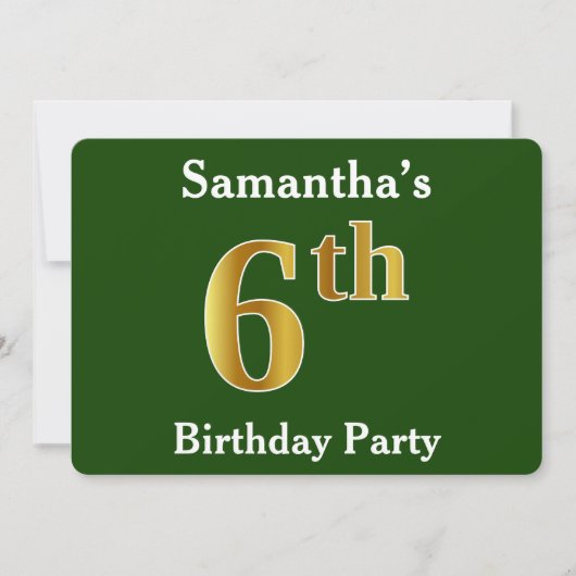 グリーン、フェイク金ゴールド6th誕生日パーティー+名前をカスタムする 招待状 (正面)