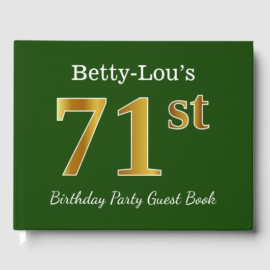 グリーン、フェイク金ゴールド71st誕生日パーティー+名前をカスタムする ゲストブック (正面)