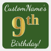 グリーン、フェイク金ゴールド9番目の誕生日+名前をカスタムする スクエアシール (正面)