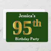 グリーン、フェイク金ゴールド95th誕生日パーティー+名前をカスタムする 招待状 (正面/裏面)