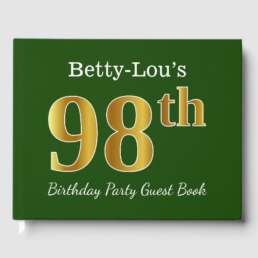グリーン、フェイク金ゴールド98th誕生日パーティー+名前をカスタムする ゲストブック (正面)