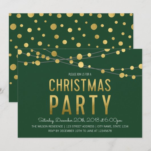グリーン フェイク ゴールドの光のストリングス クリスマス パーティー 招待状 (正面/裏面)