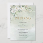 グリーン フラワーズ ウォーターカラー ゴールド 結婚式招待状 招待状 (正面)