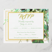 グリーン＆フラワーボタニカルウェディングの出欠確認 箔招待状ポストカード (正面)