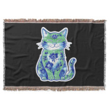 グリーン フラワー柄 猫