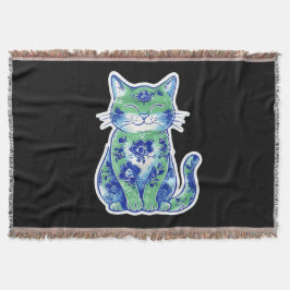 グリーン フラワー柄 猫 スローブランケット
