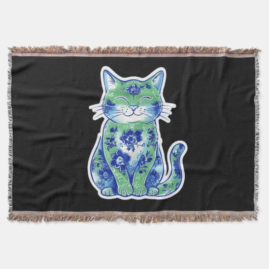 グリーン フラワー柄 猫 スローブランケット (正面)