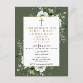 グリーン フラワー ファースト ホーリー コミュニオン セーブ ザ デート ポストカード
