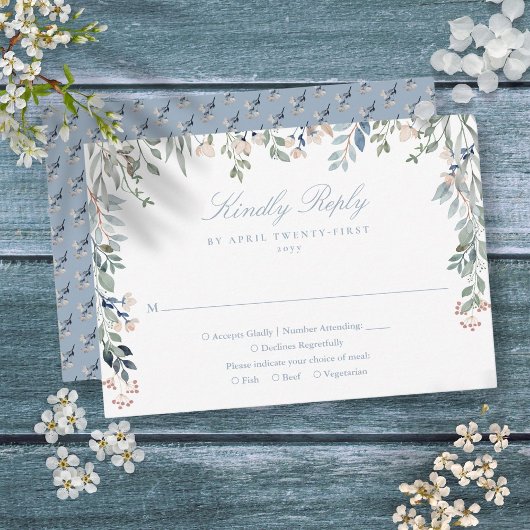 グリーン+フラワー+野の花のダスティブルーの結婚式 出欠カード