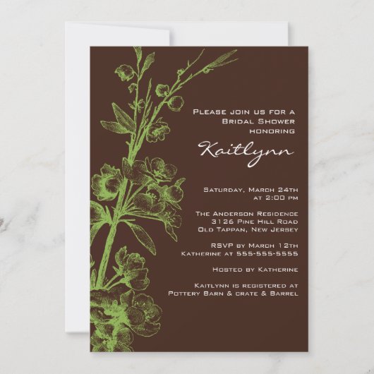 グリーン·フローラオン·ブラウンブライダル·シャワー·インビテーション 招待状 (正面)