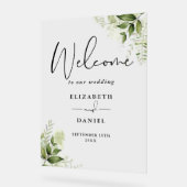 グリーン フローラル スクリプト ウェディング ウェルカム アクリルサイン (傾斜)